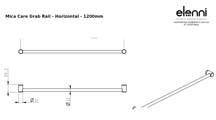 Elenni specification sheet - Mica Care Grab Rail - Horizontal - 1200mm