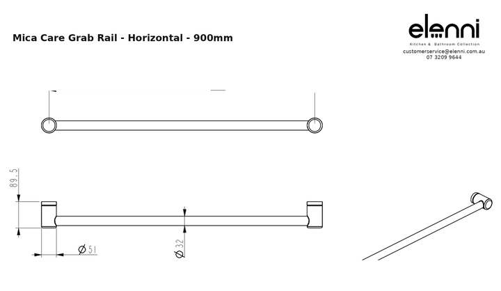 Elenni specification sheet - Mica Care Grab Rail - Horizontal - 900mm