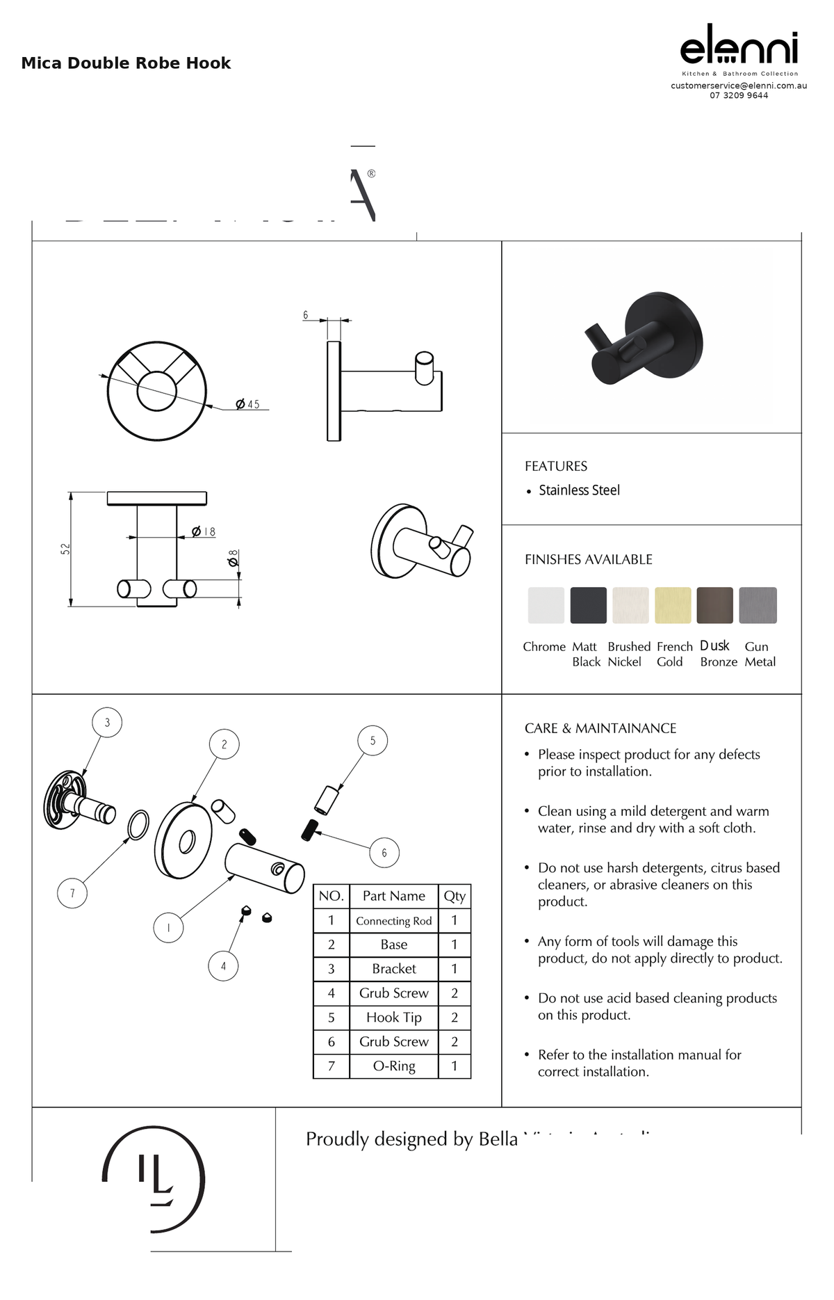 Elenni specification sheet — Mica Double Robe Hook