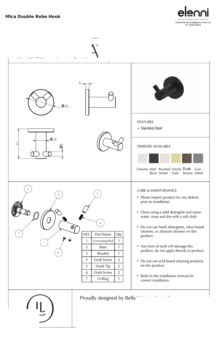 Elenni specification sheet — Mica Double Robe Hook