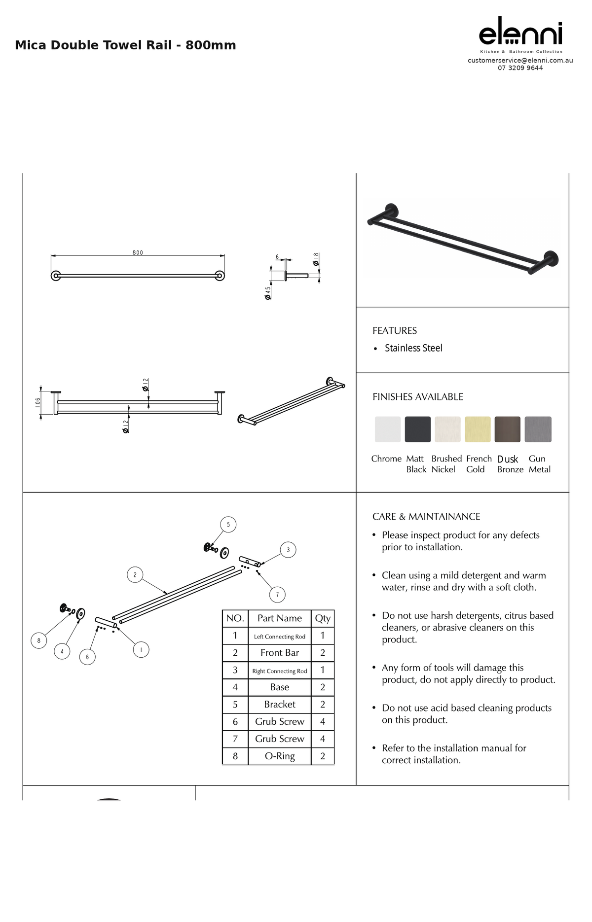 Elenni specification sheet - Mica Double Towel Rail - 800mm
