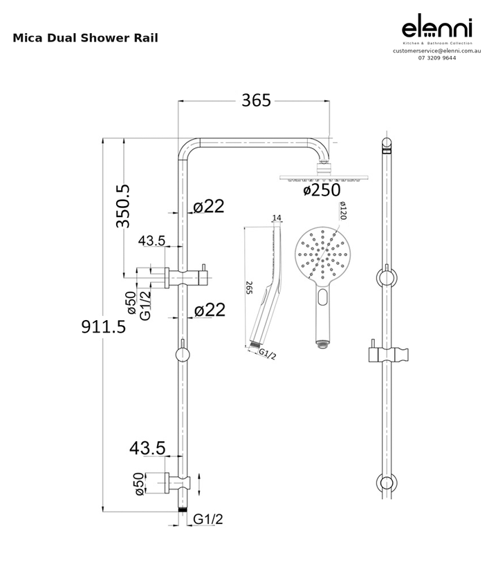 Mica Dual Shower Rail - Elenni specification drawing