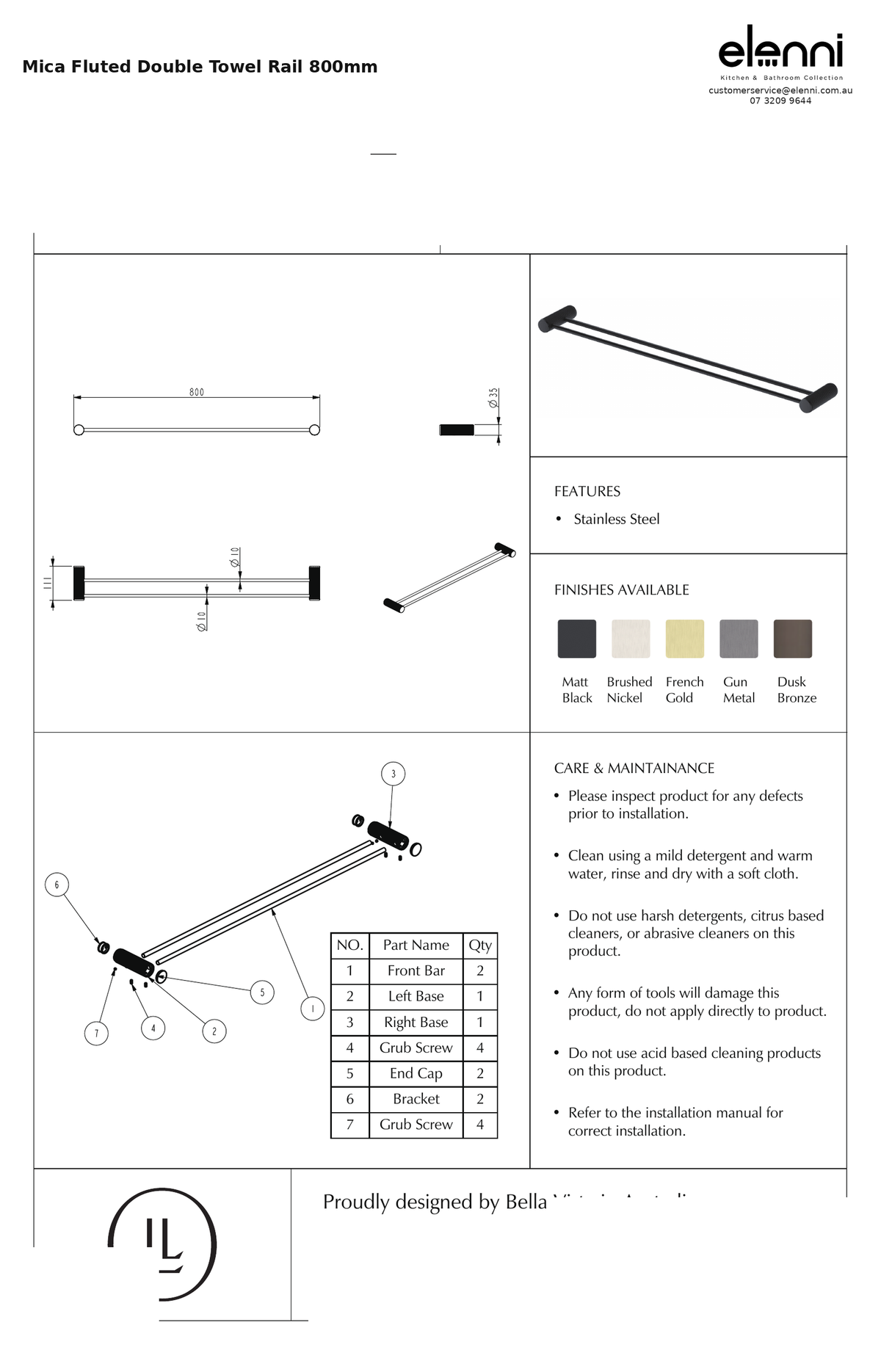 Elenni specification sheet — Mica Fluted Double Towel Rail 800mm