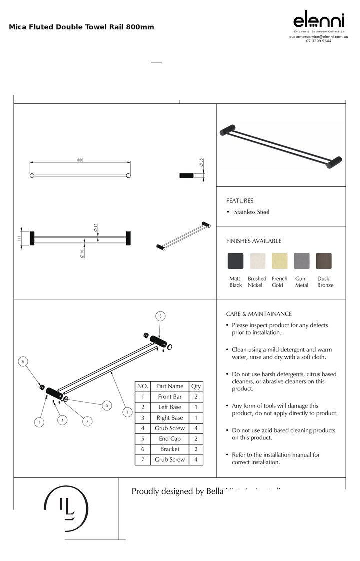 Elenni specification sheet — Mica Fluted Double Towel Rail 800mm