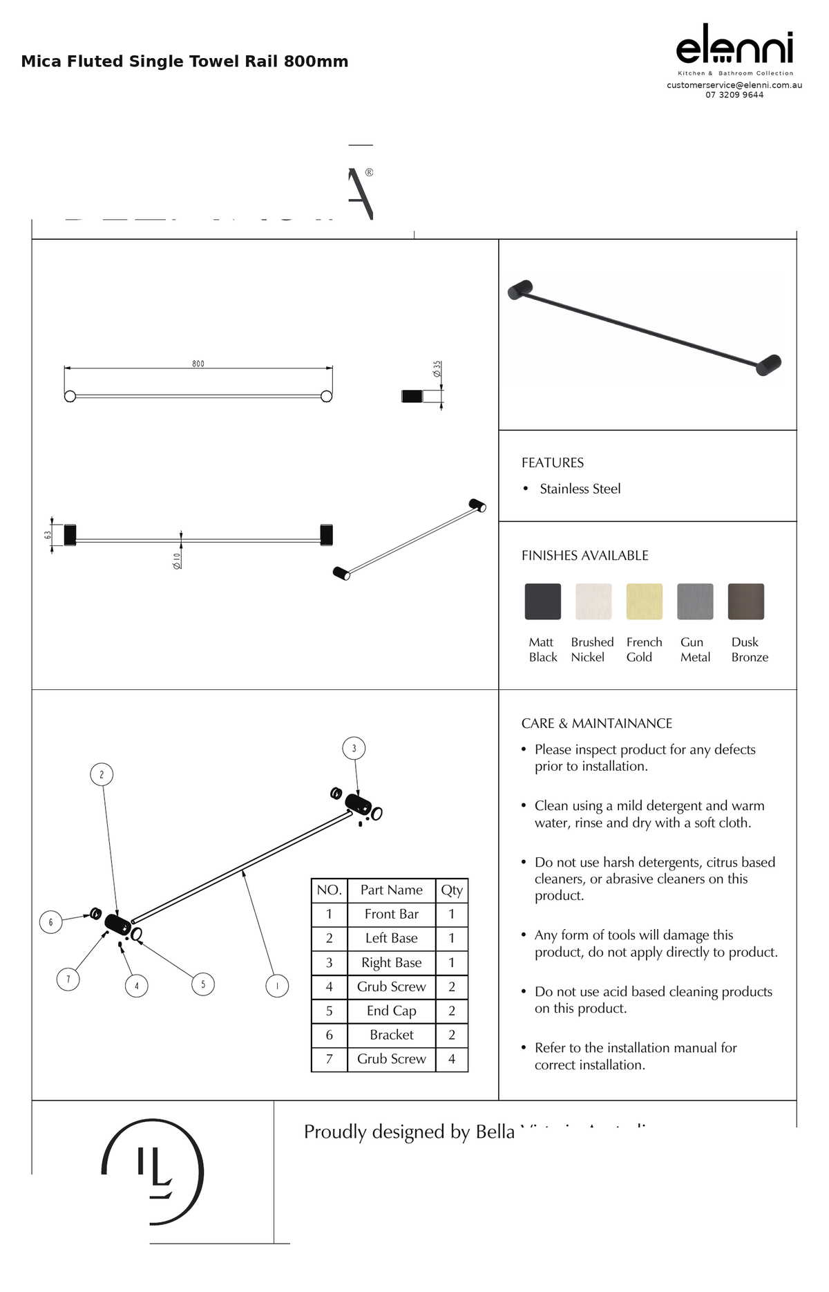 Elenni specification sheet — Mica Fluted Single Towel Rail 800mm