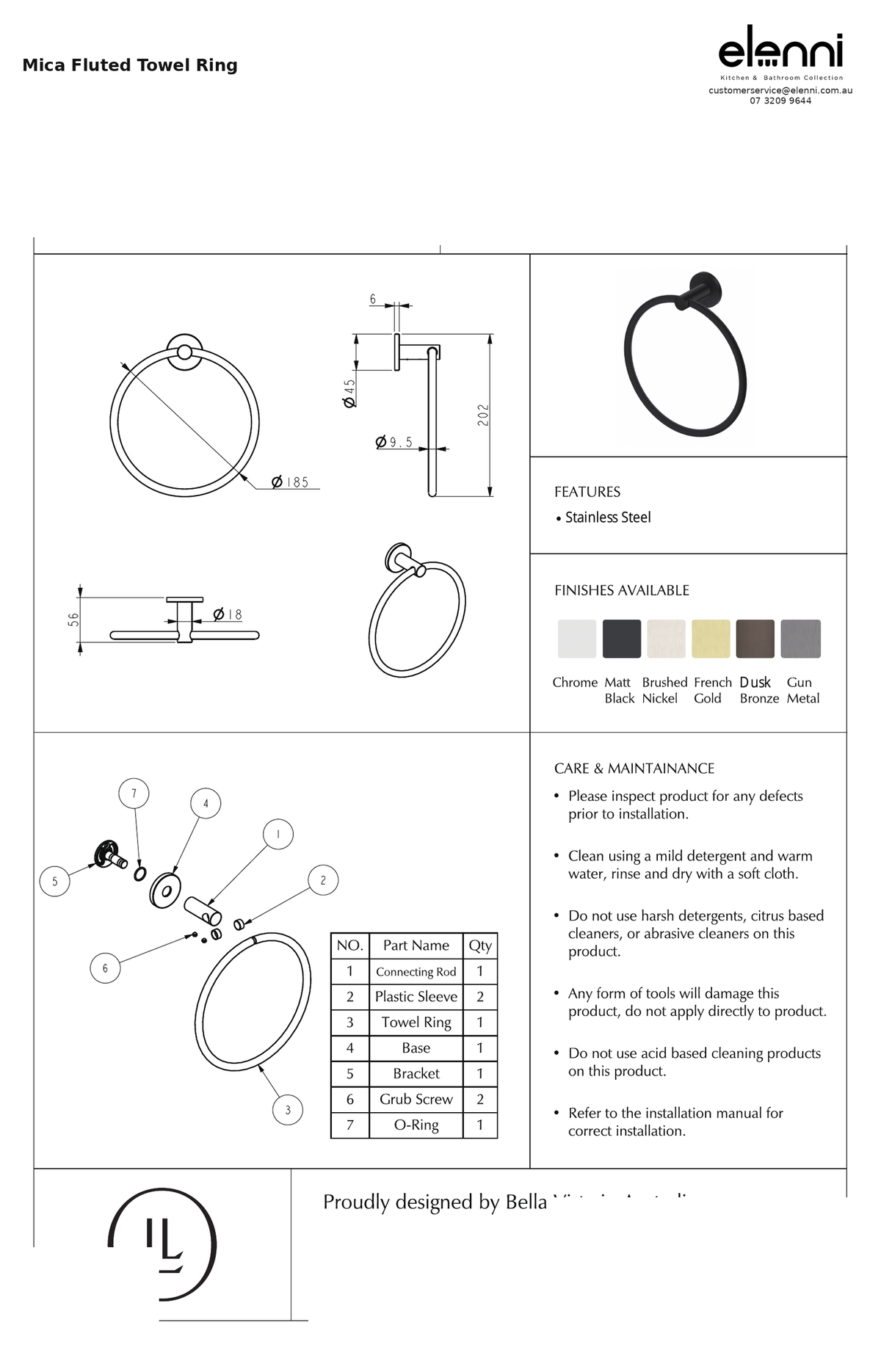 Elenni specification sheet — Mica Fluted Towel Ring