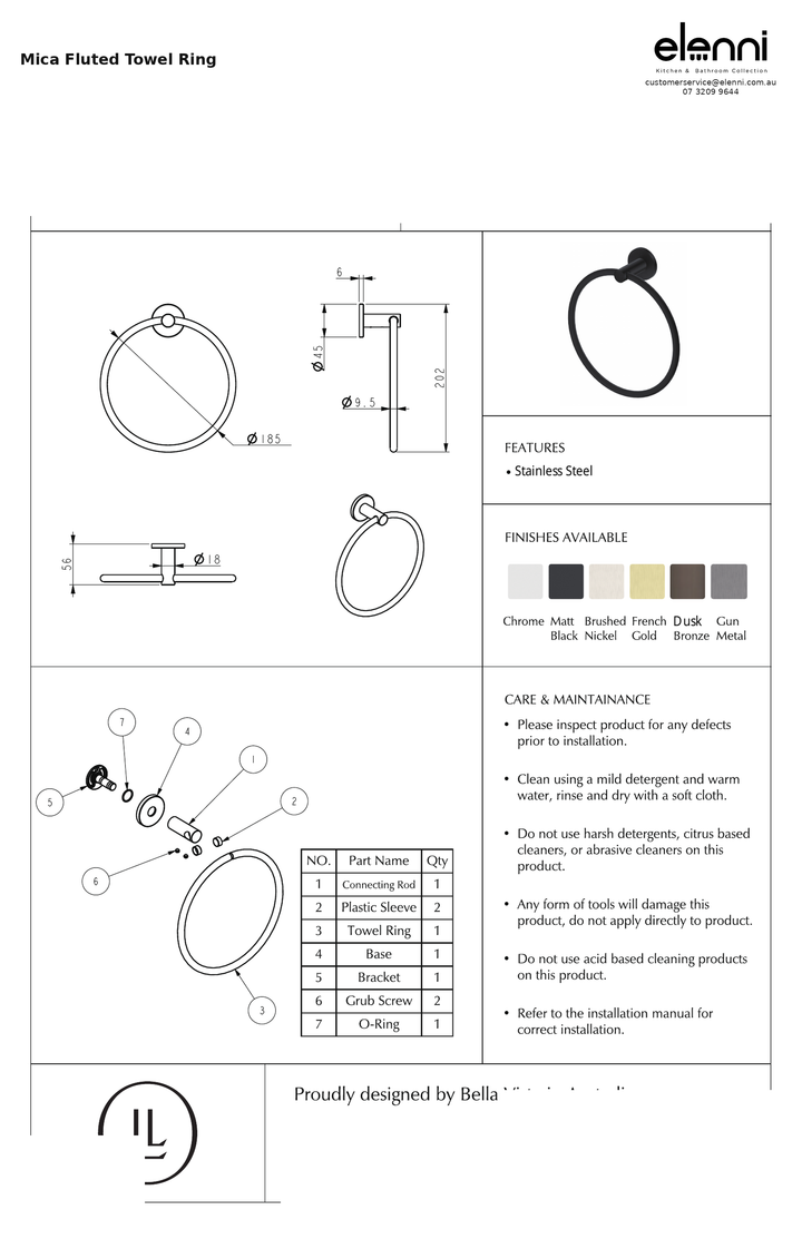 Elenni specification sheet — Mica Fluted Towel Ring