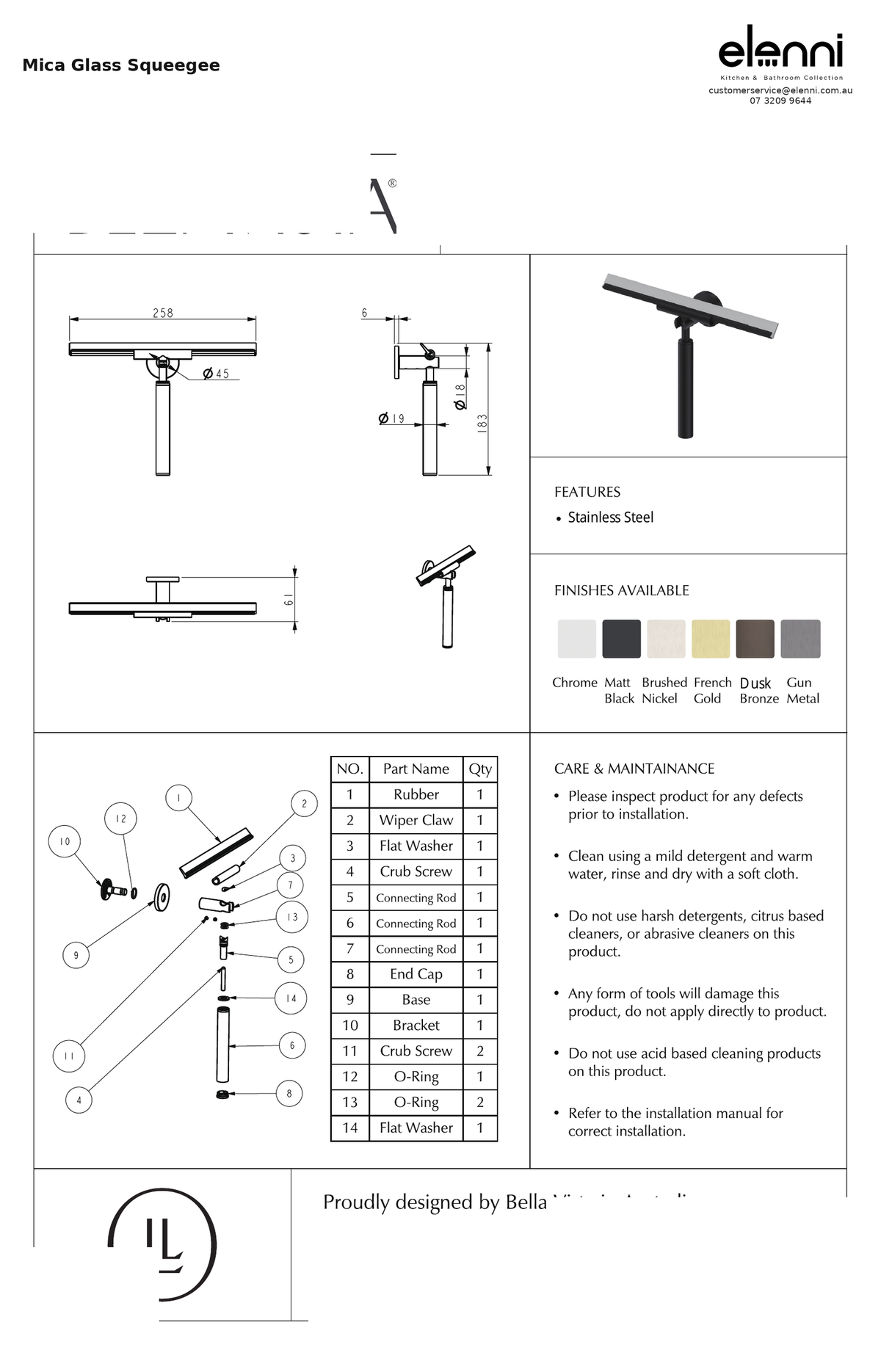 Elenni specification sheet — Mica Glass Squeegee