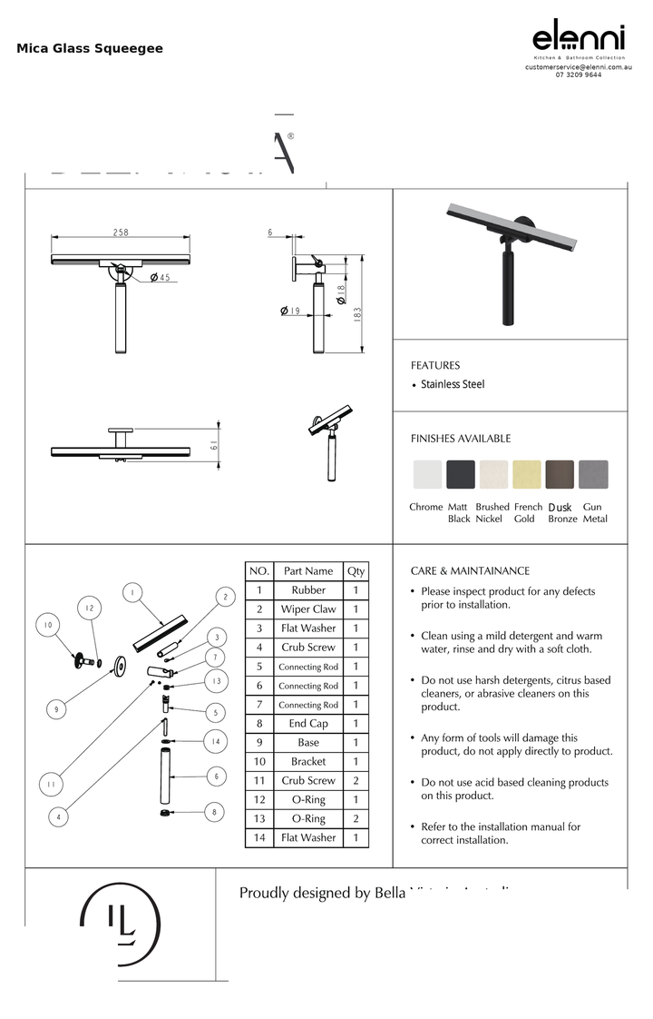Elenni specification sheet — Mica Glass Squeegee
