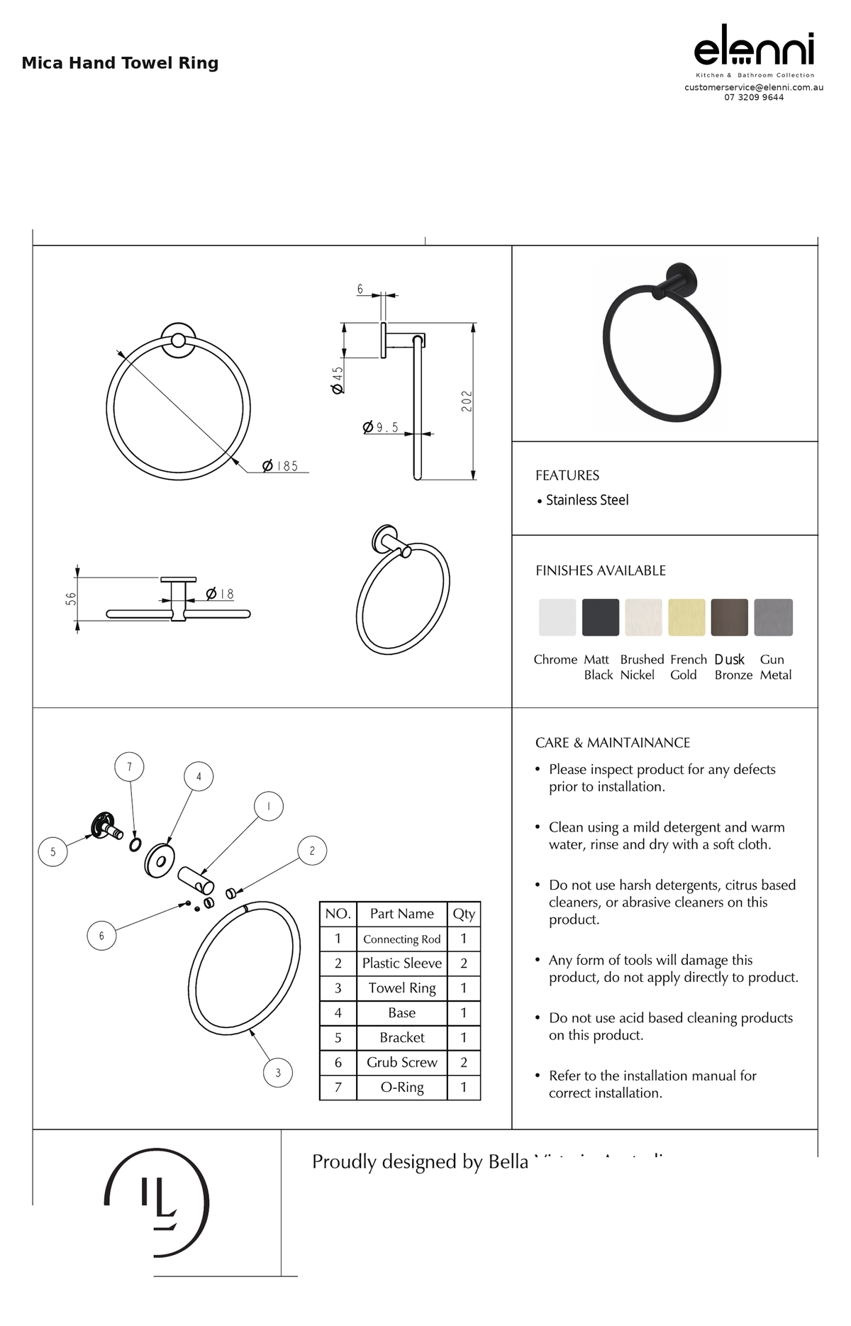 Elenni specification sheet — Mica Hand Towel Ring