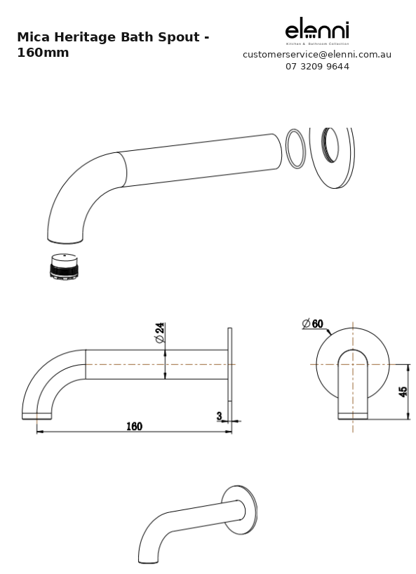Mica Heritage Bath Spout - 160mm - Elenni specification drawing