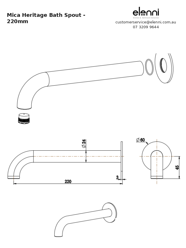 Mica Heritage Bath Spout - 220mm - Elenni specification drawing