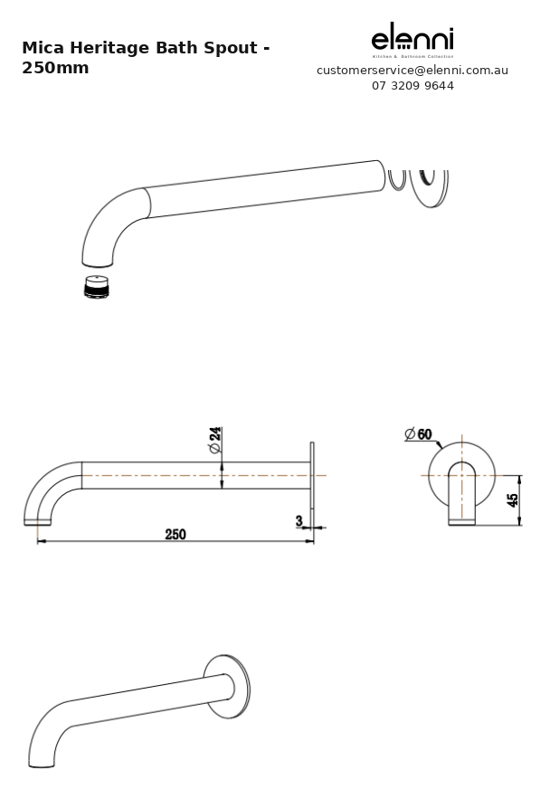 Mica Heritage Bath Spout - 250mm - Elenni specification drawing