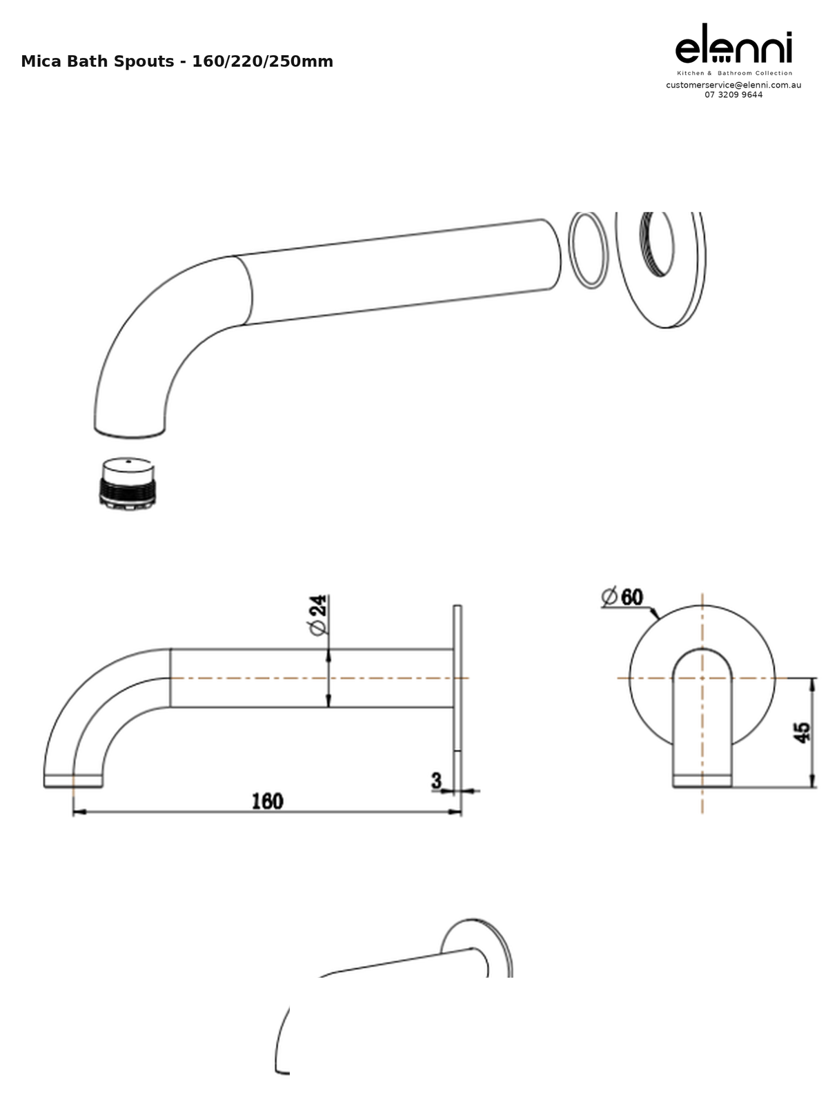 Mica Heritage Bath Spout - 160/220/250mm - Elenni specification drawing
