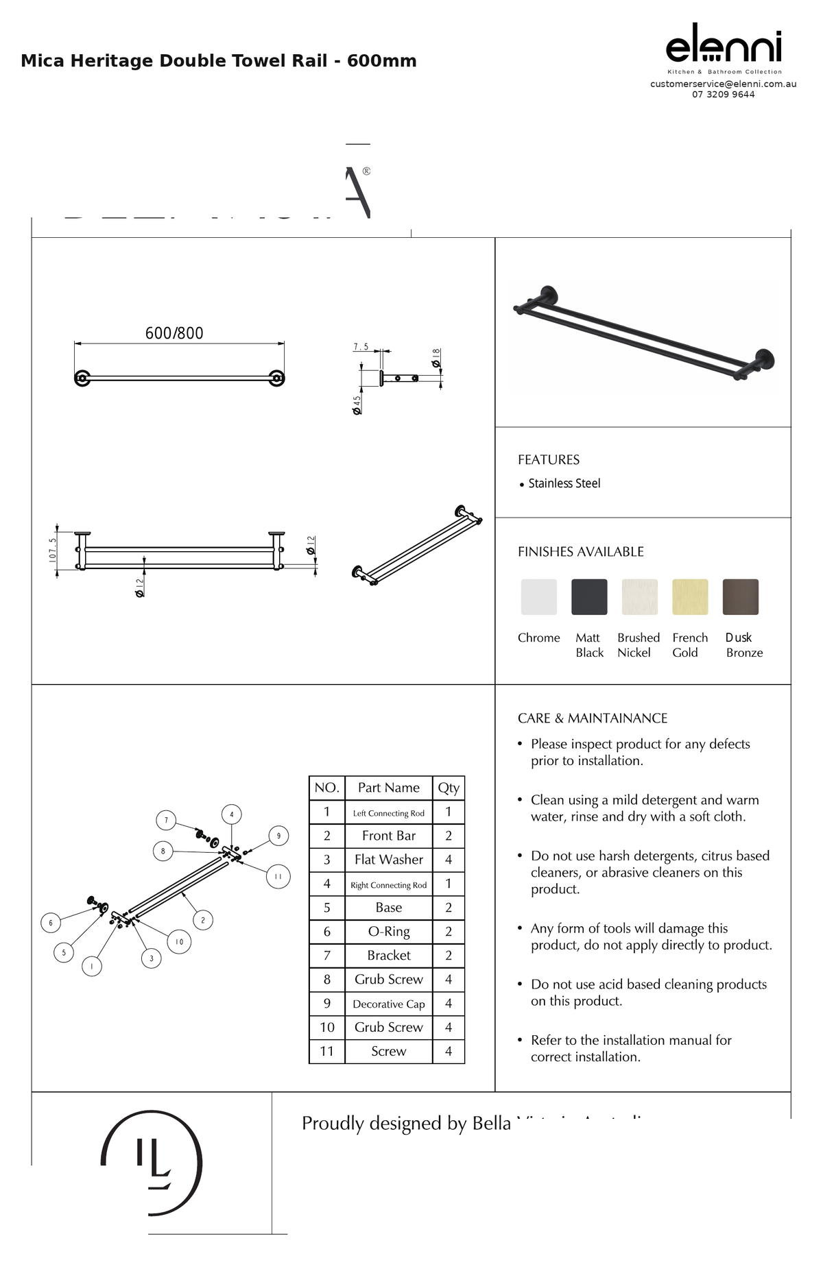 Elenni specification sheet - Mica Heritage Double Towel Rail - 600mm
