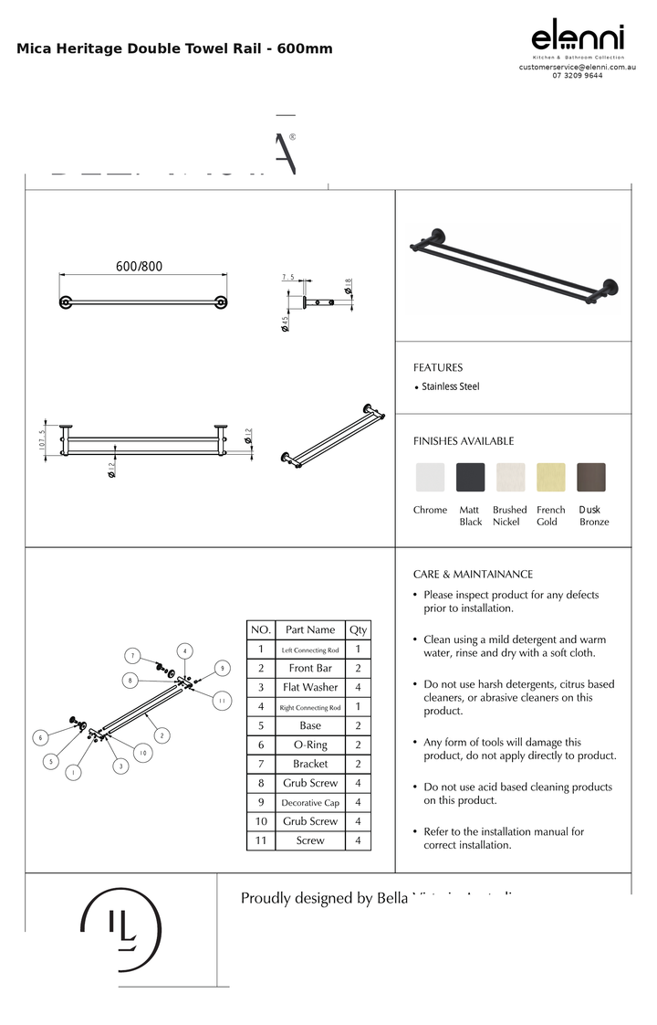 Elenni specification sheet - Mica Heritage Double Towel Rail - 600mm