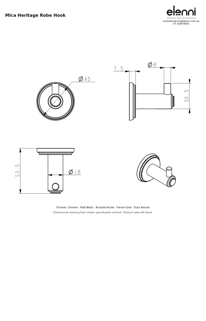 Elenni specification sheet - Mica Heritage Robe Hook