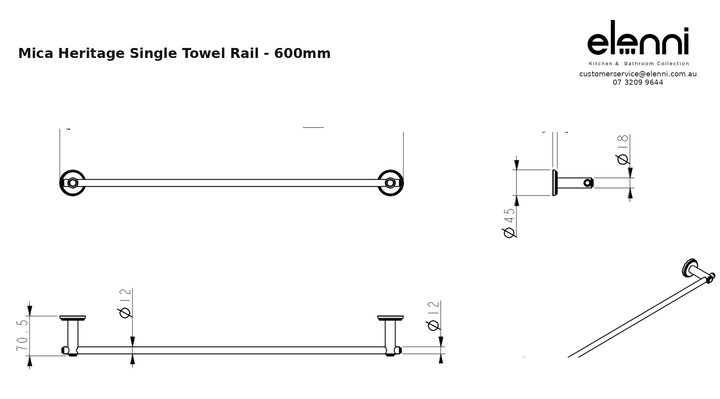 Elenni specification sheet — Mica Heritage Single Towel Rail - 600mm