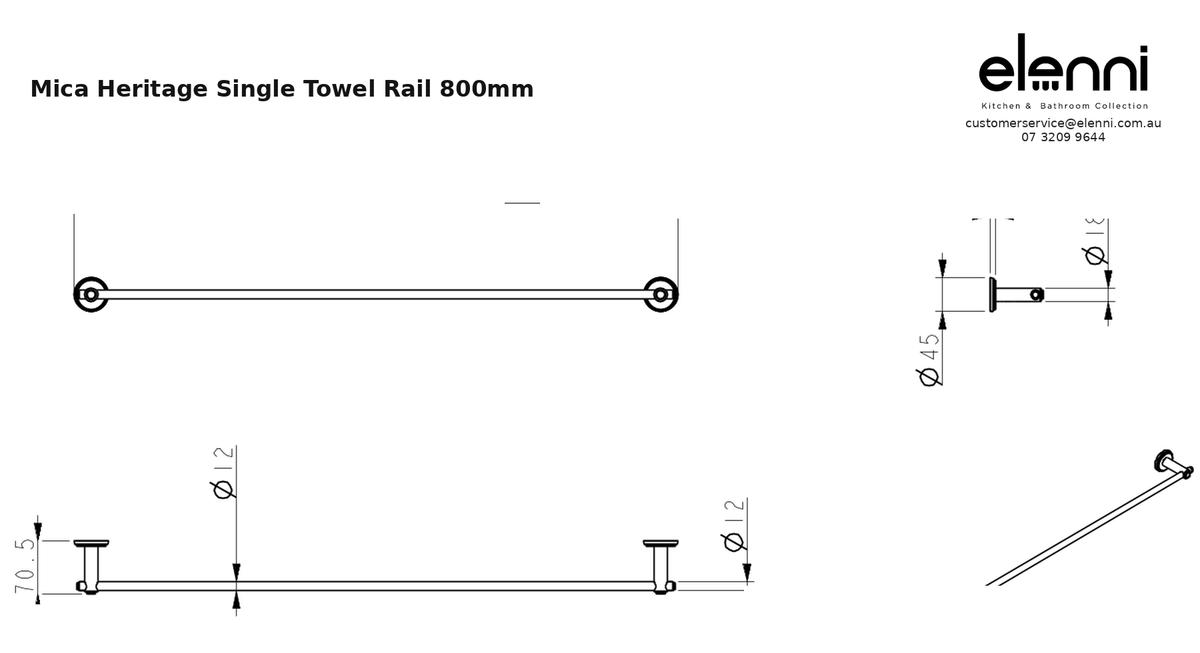 Elenni specification sheet - Mica Heritage Single Towel Rail 800mm