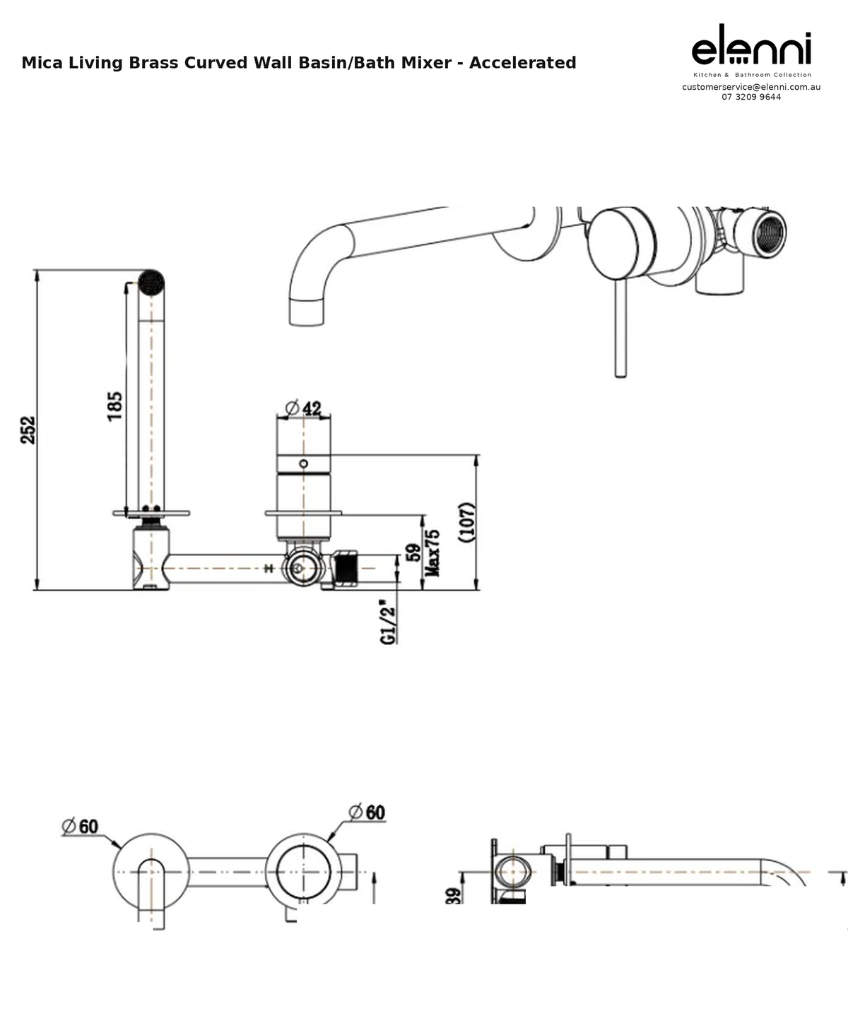 Elenni specification sheet — Mica Living Brass Curved Wall Basin/Bath Mixer - Accelerated