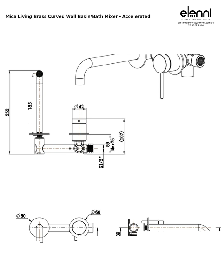 Elenni specification sheet — Mica Living Brass Curved Wall Basin/Bath Mixer - Accelerated