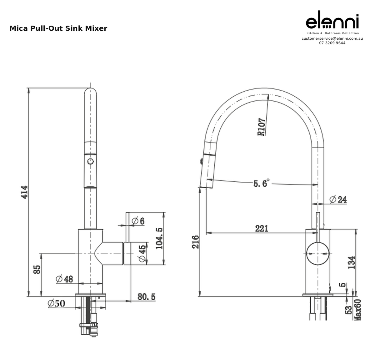Elenni specification sheet — Mica Pull-Out Sink Mixer