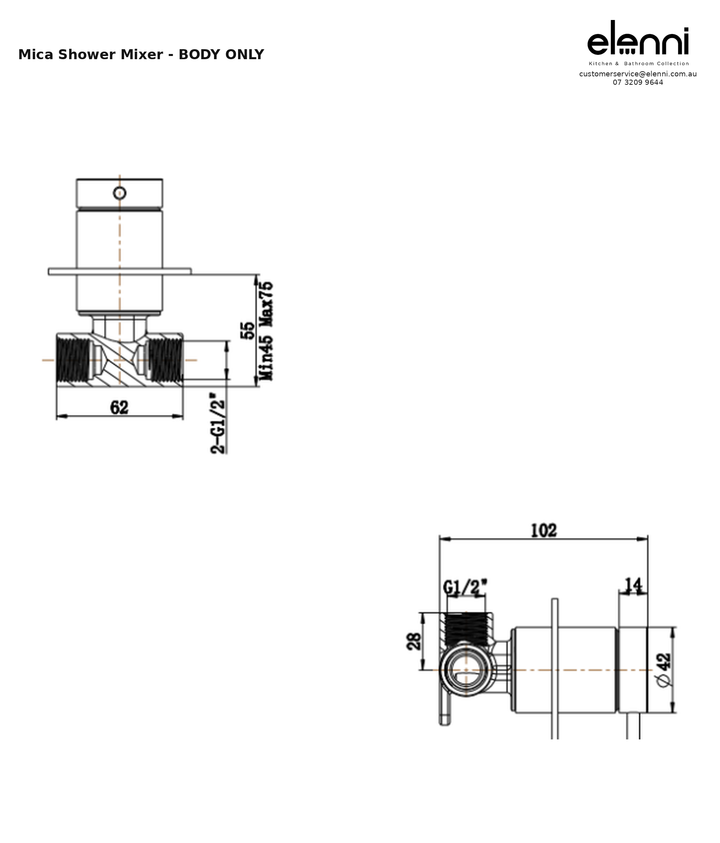 Elenni specification sheet — Mica Shower Mixer - BODY ONLY