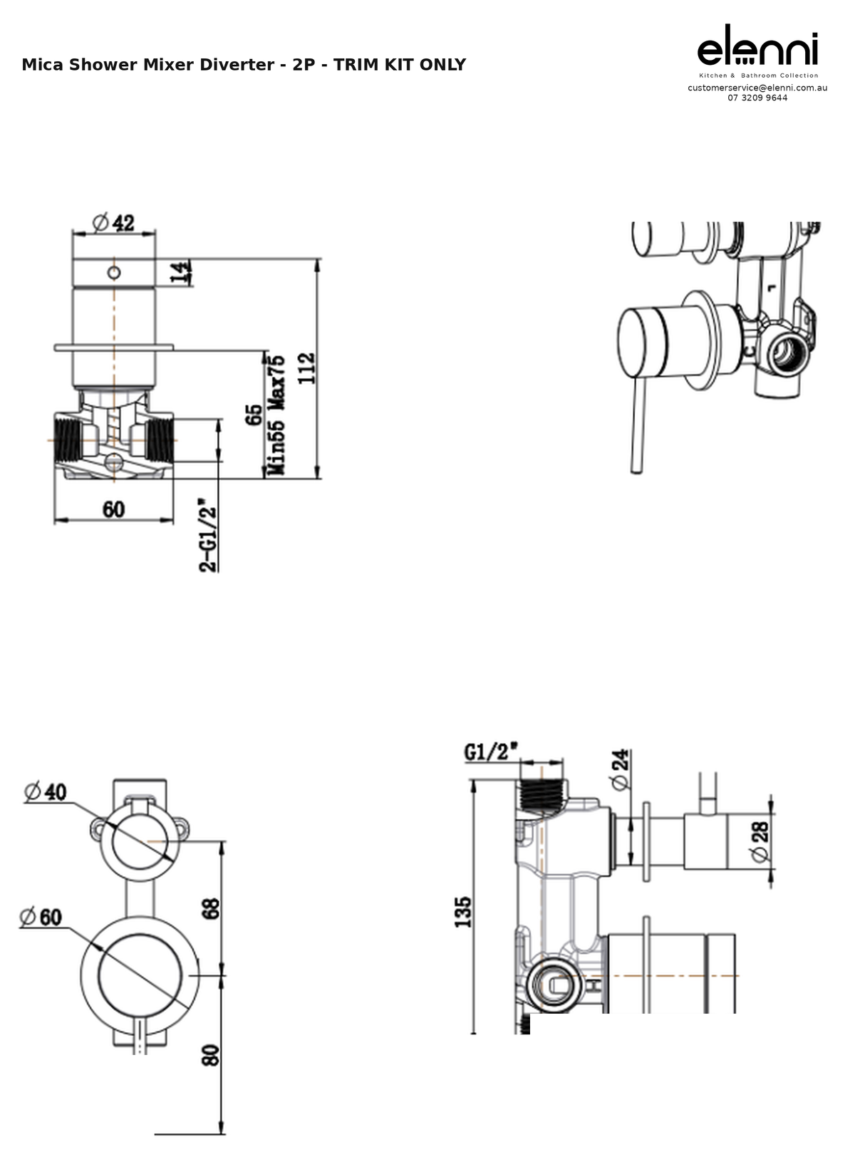 Elenni specification sheet — Mica Shower Mixer Diverter - 2P - TRIM KIT ONLY