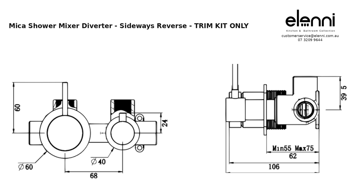 Elenni specification sheet — Mica Shower Mixer Diverter - Sideways Reverse - TRIM KIT ONLY
