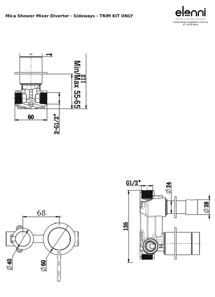 Elenni specification sheet — Mica Shower Mixer Diverter - Sideways - TRIM KIT ONLY
