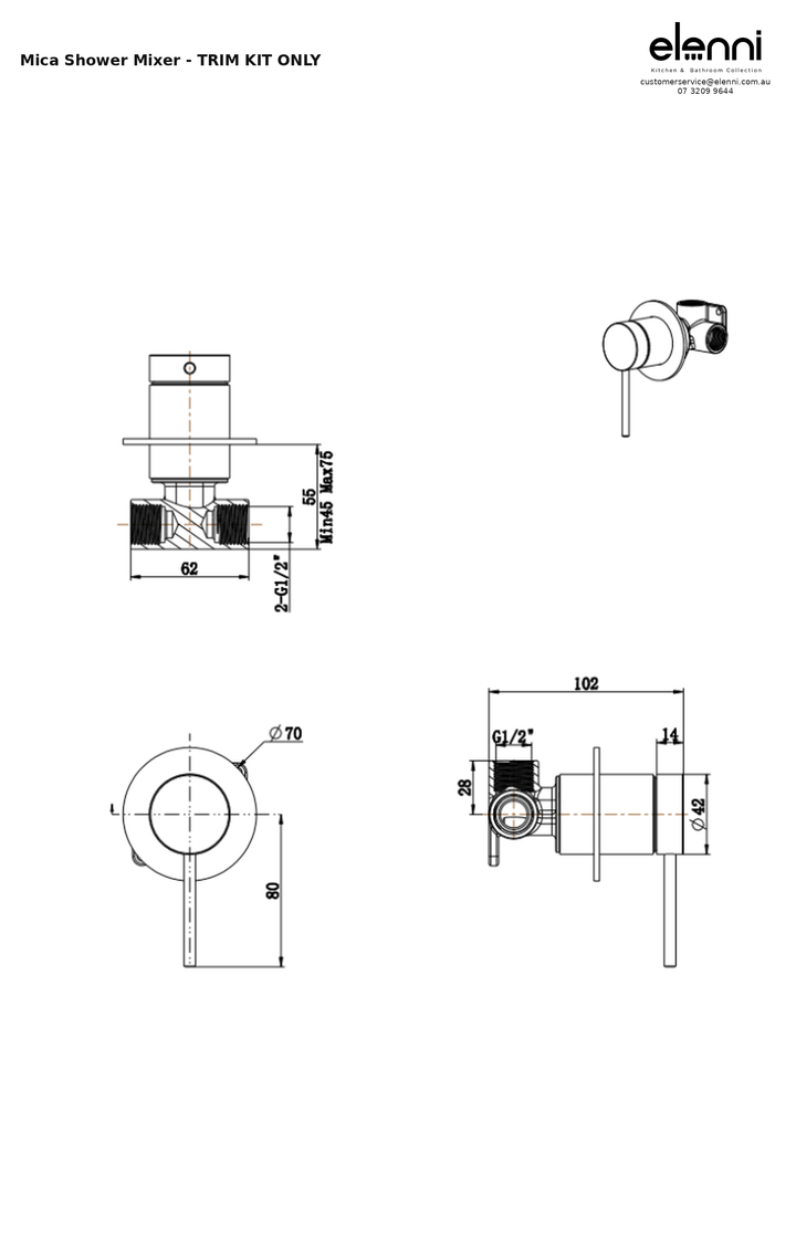 Elenni specification sheet — Mica Shower Mixer - TRIM KIT ONLY