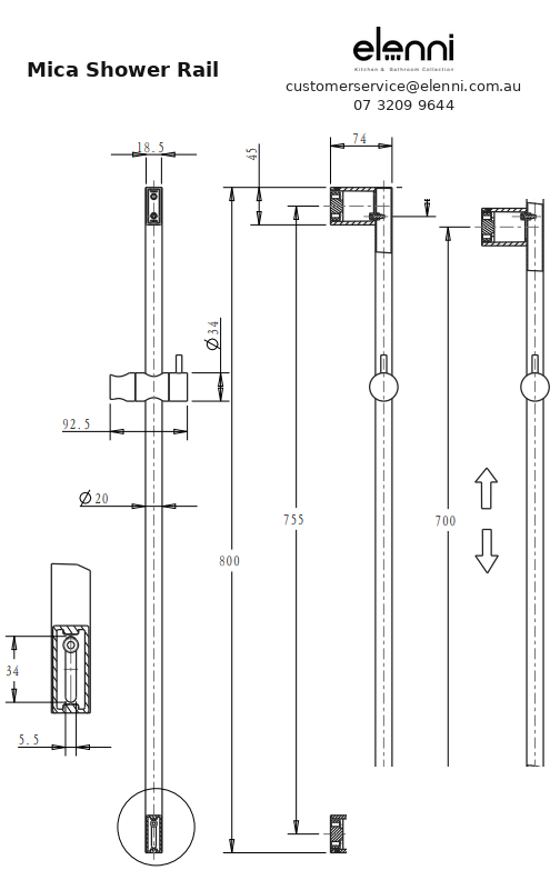 Mica Shower Rail - Elenni specification drawing
