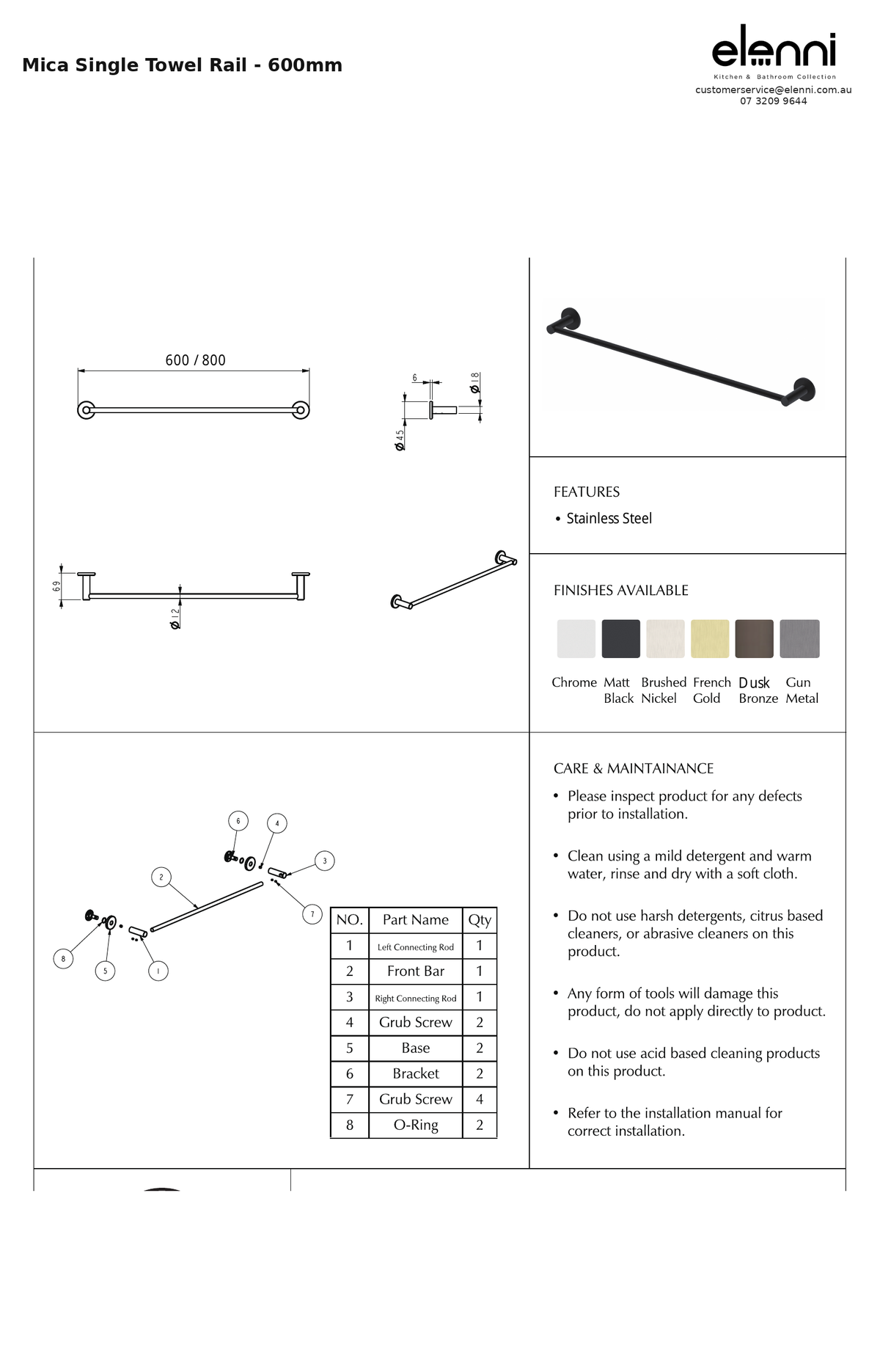 Elenni specification sheet - Mica Single Towel Rail - 600mm
