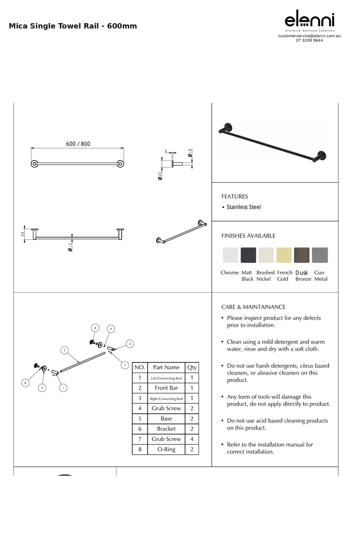 Elenni specification sheet - Mica Single Towel Rail - 600mm