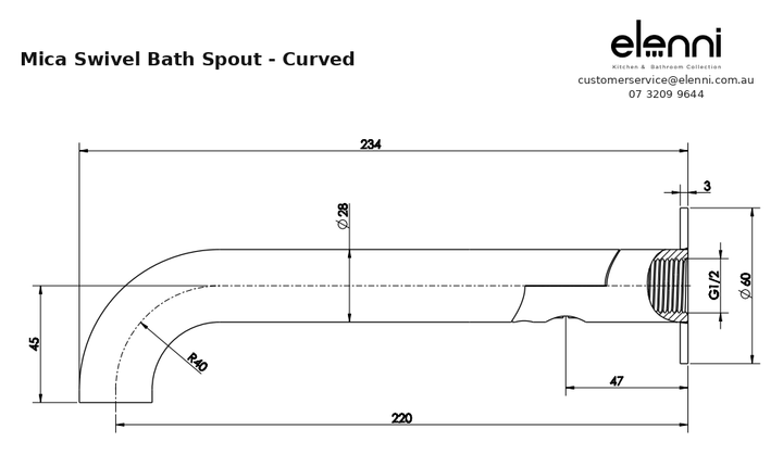 Mica Swivel Bath Spout - Curved - Elenni specification drawing