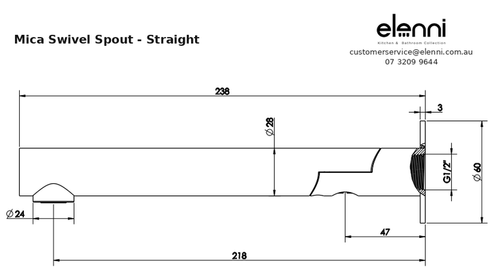 Mica Swivel Spout - Straight - Elenni specification drawing
