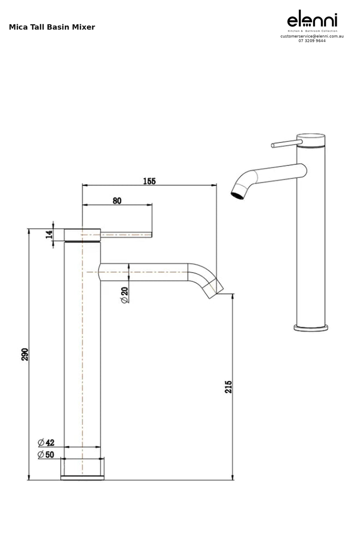 Elenni specification sheet - Mica Tall Basin Mixer