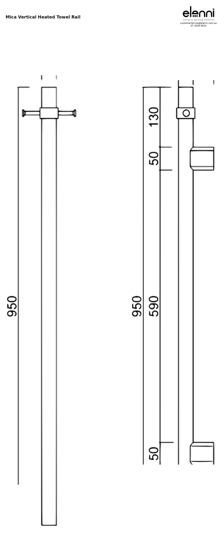 Elenni specification sheet — Mica Vertical Heated Towel Rail
