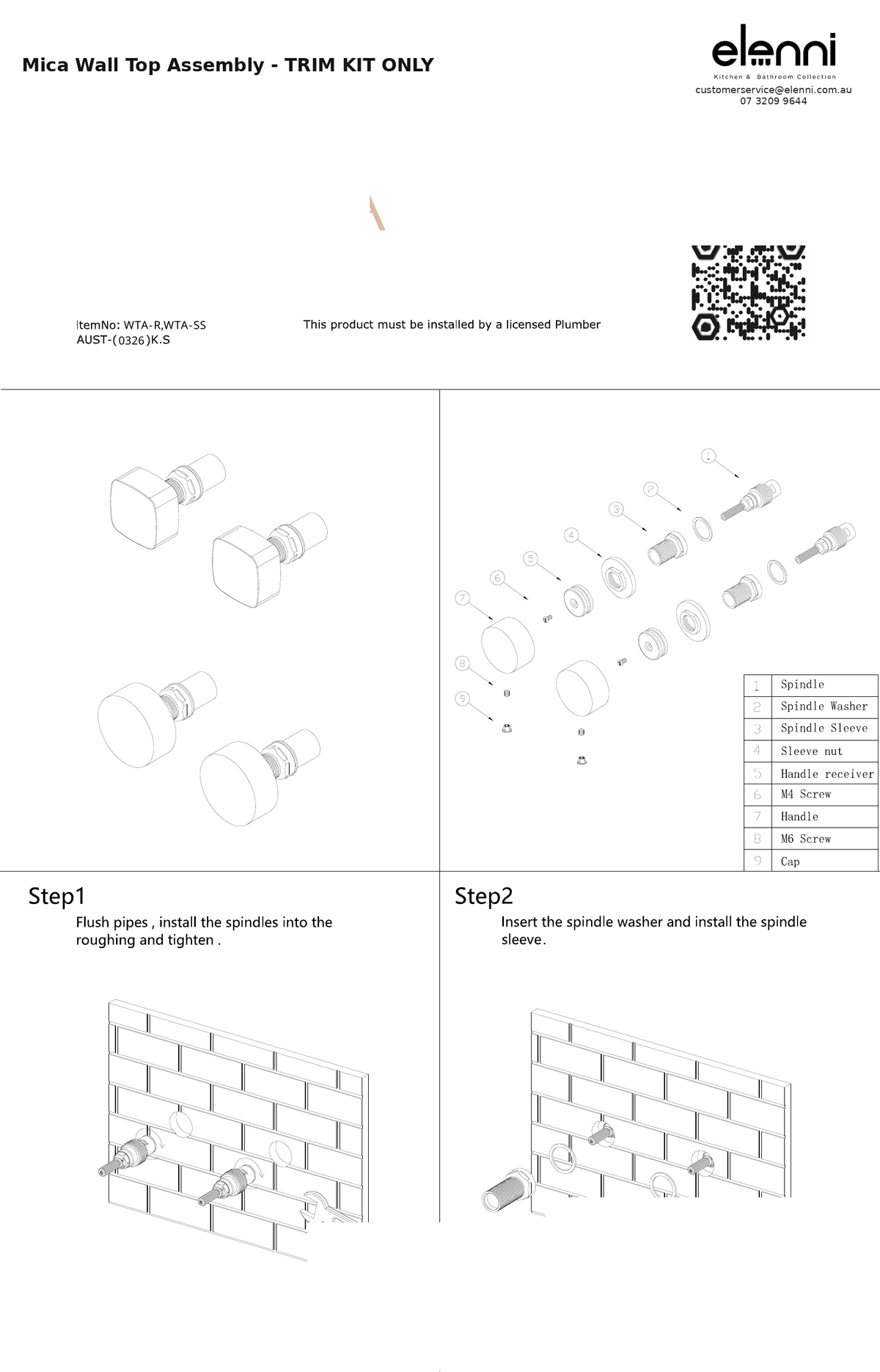 Elenni specification sheet - Mica Wall Top Assembly - TRIM KIT ONLY