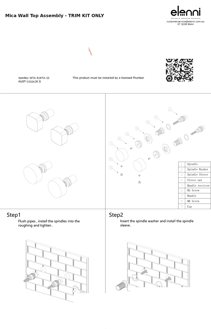Elenni specification sheet - Mica Wall Top Assembly - TRIM KIT ONLY