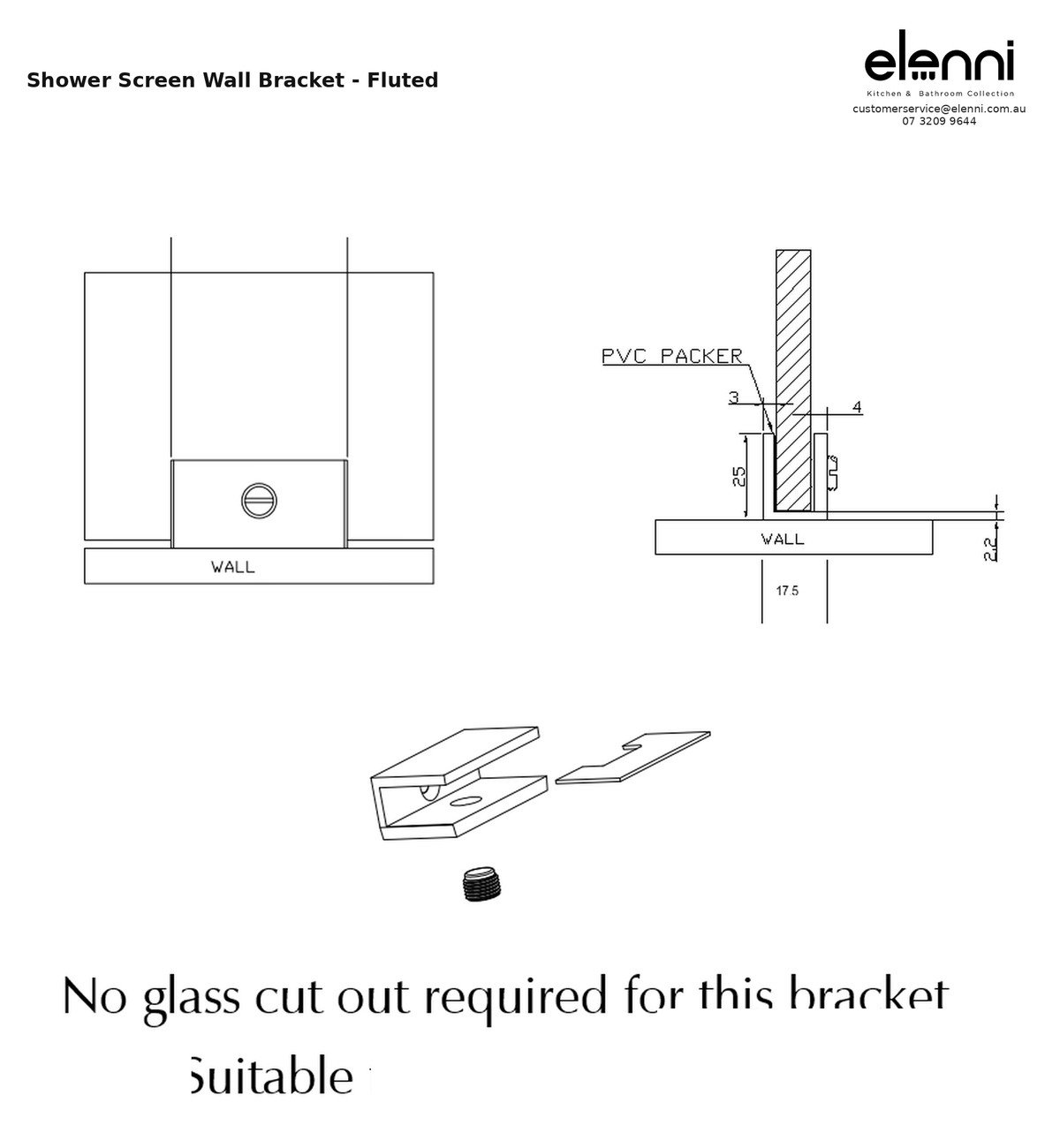 Elenni specification sheet — Shower Screen Wall Bracket - Fluted