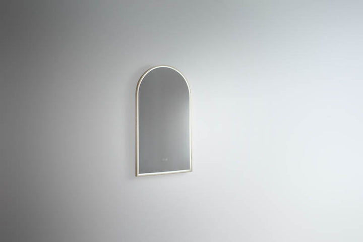 Arch LED Mirror with Demister and Portable Magnifier Baltic Brass lifestyle view 2