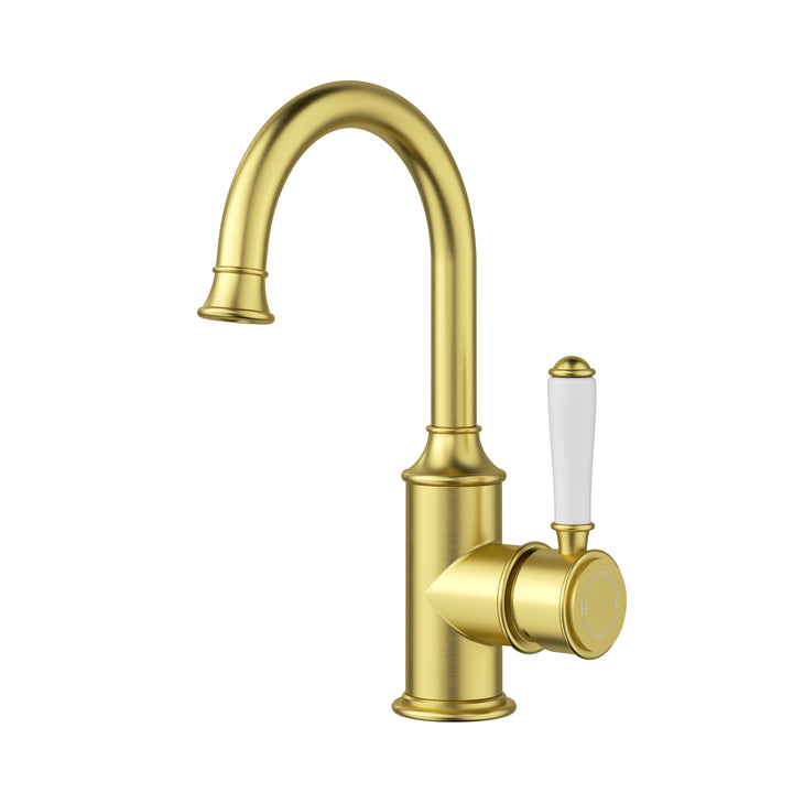 Clasico Basin Mixer Gooseneck / Ceramic Handle - Brushed Gold