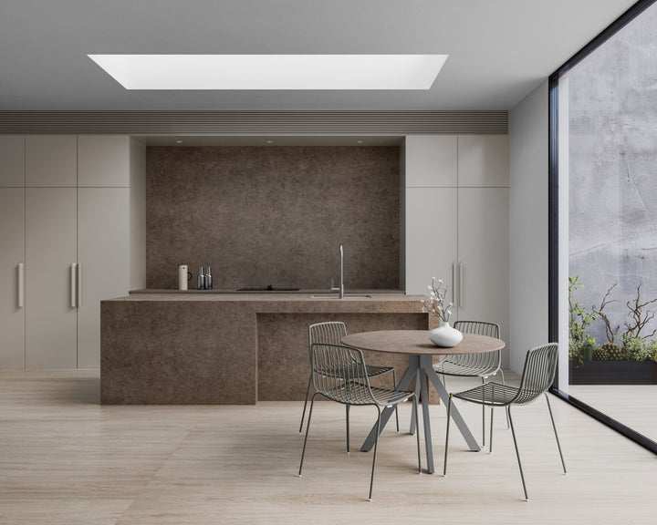 Dekton Talma in a kitchen with Dekton Zira, wide view