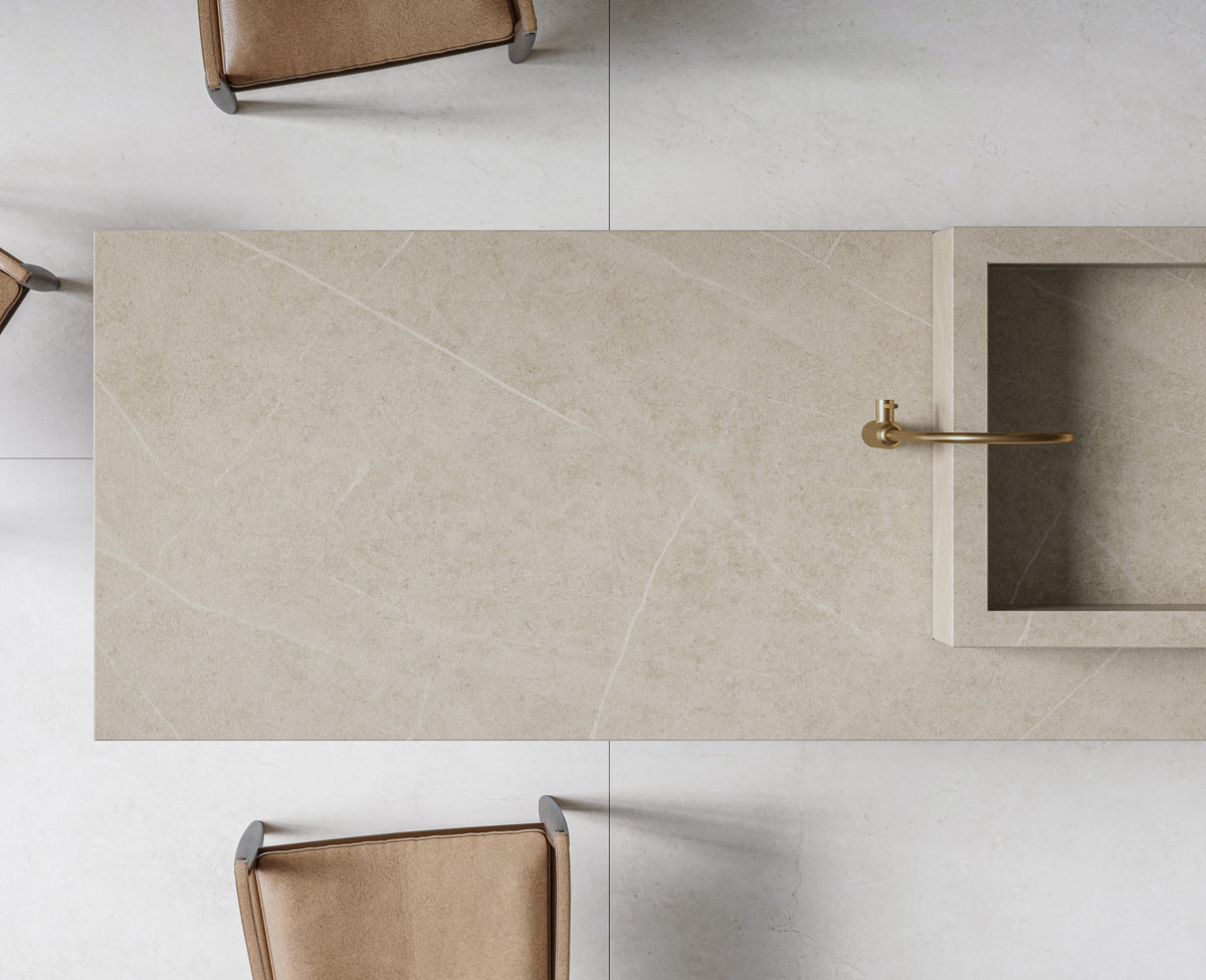 Dekton Adia in a kitchen with Dekton Ava and Sandik (first photo)