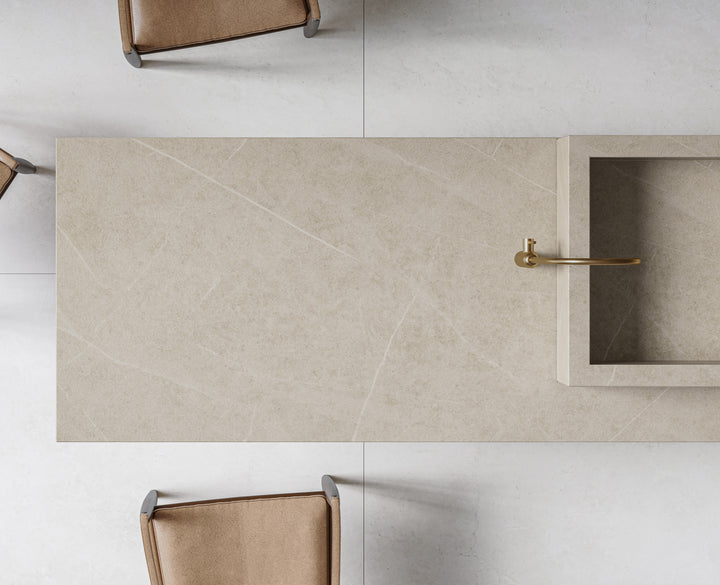 Dekton Adia in a kitchen with Dekton Ava and Sandik (first photo)