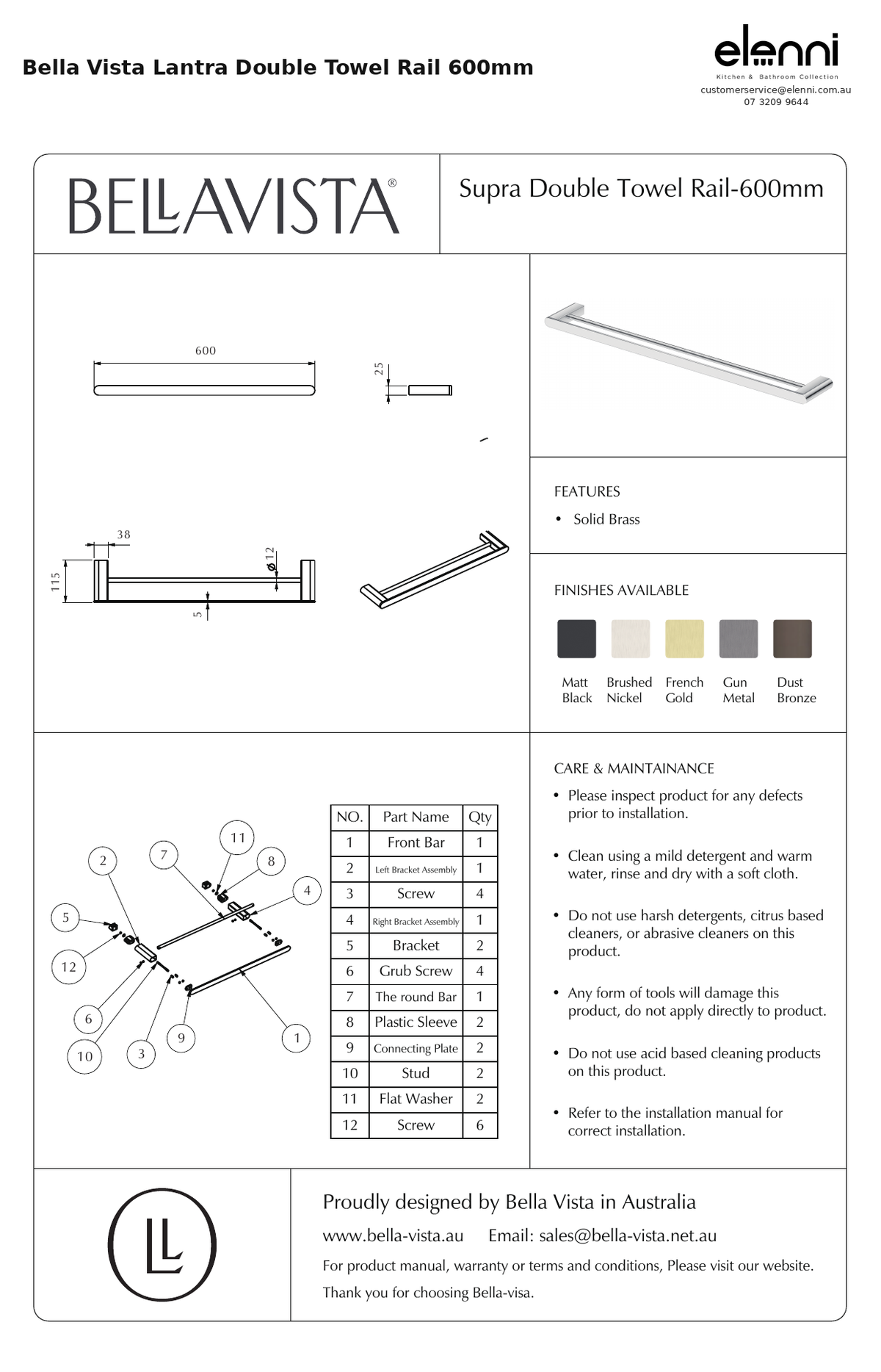 Elenni specification sheet - Lantra Double Towel Rail 600mm