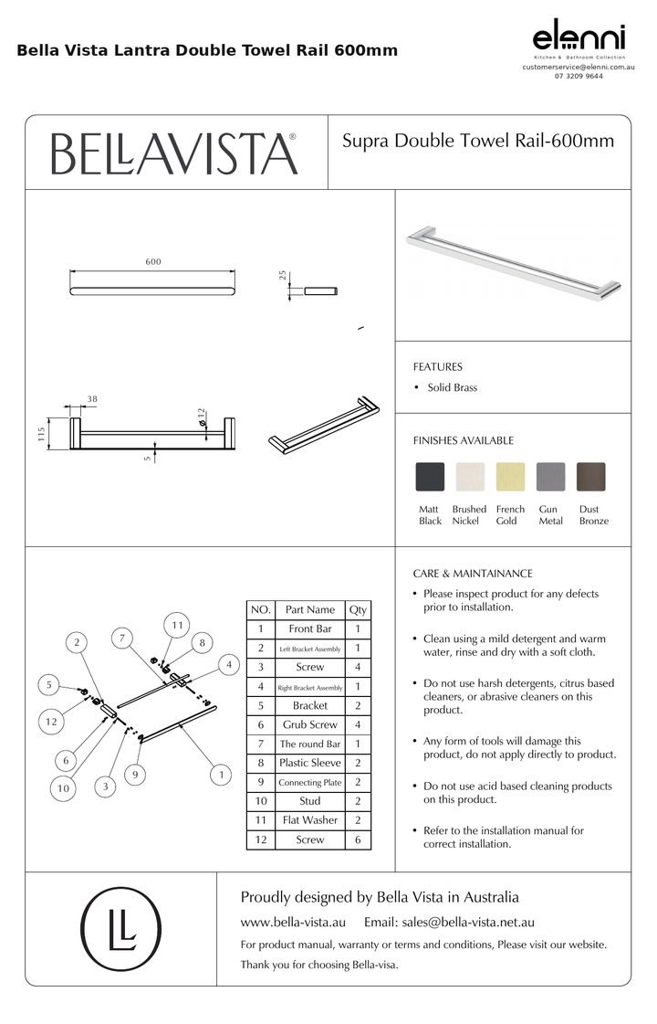 Elenni specification sheet - Lantra Double Towel Rail 600mm