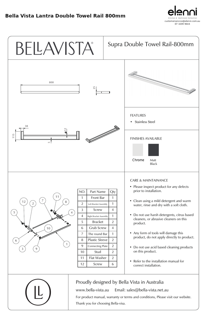 Elenni specification sheet - Lantra Double Towel Rail 800mm
