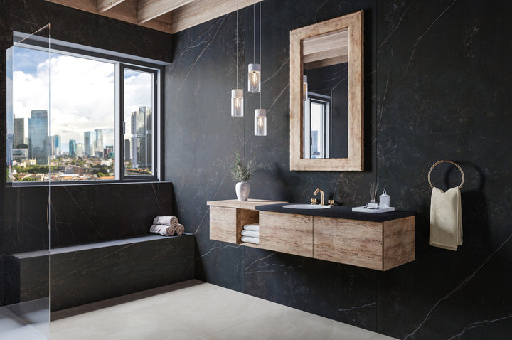 Dekton Kelya in a bathroom with a timber vanity